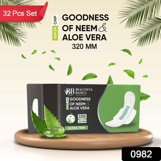Sanitary Pads For Women With Goodness Of Neem & Aloe Vera | Ultra Thin | Leakage Protection | PH Balance With Antibacterial Anion Chip | 5x More Absorbance (320 Mm - 32 Pads)