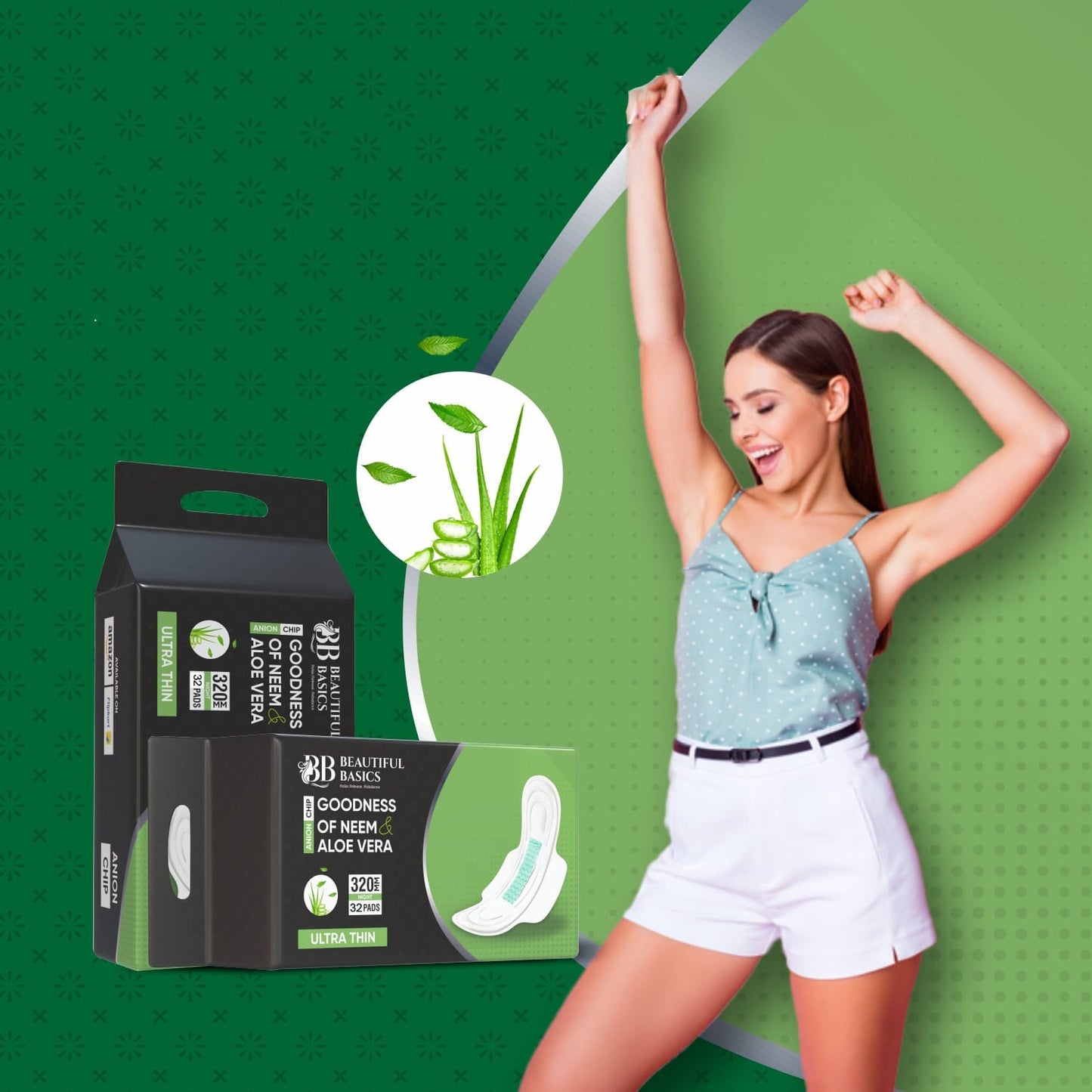 Sanitary Pads For Women With Goodness Of Neem & Aloe Vera | Ultra Thin | Leakage Protection | PH Balance With Antibacterial Anion Chip | 5x More Absorbance (320 Mm - 32 Pads)